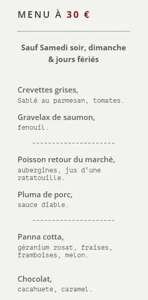 Le Paris MENU À Prix