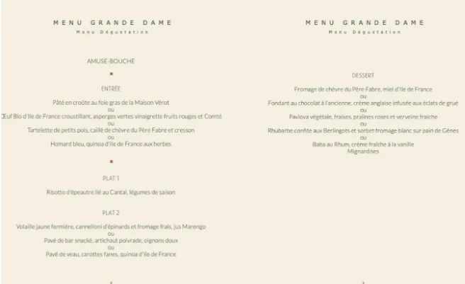 Madame Brasserie – Tour Eiffel MENU GRANDE DAME & Prix