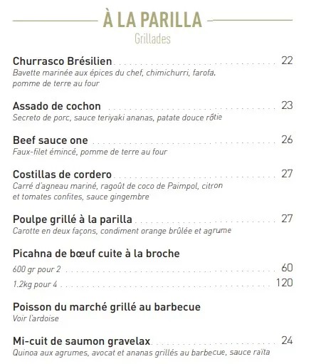 BAHIA TIKKA Menu À LA PARILLA