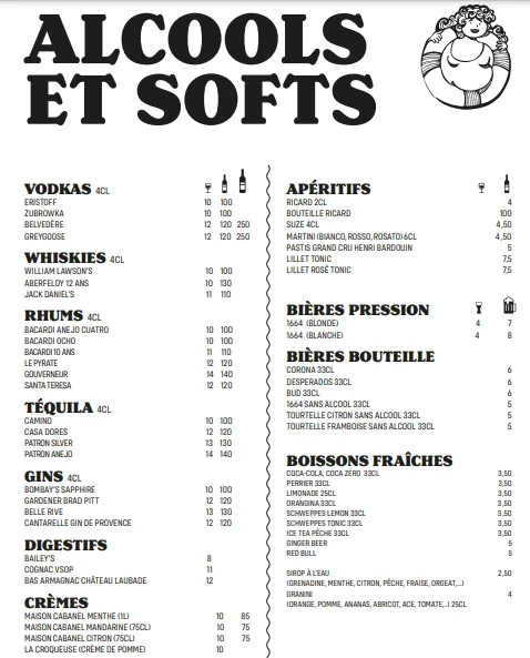 Ginette Plage Menu ALCOOLS ET SOFTS