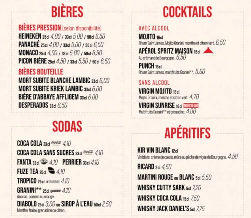 Courtepaille Menu BIÈRES Prix