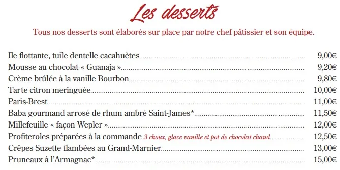 Le Wepler Menu Desserts & Prix