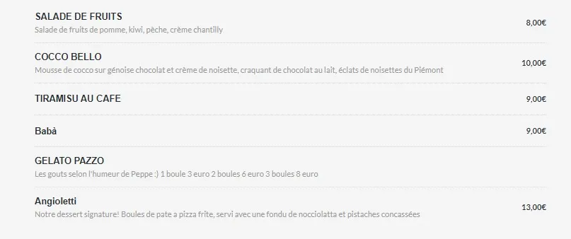 Peppe Pizzeria Menu Dolci Prix