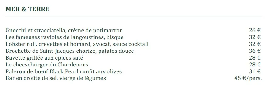 Le Chardenoux Cyril Lignac Menu MER & TERRE