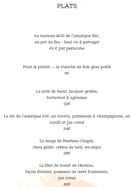 L’ANSE SAUVAGE Menu PLATS Prix