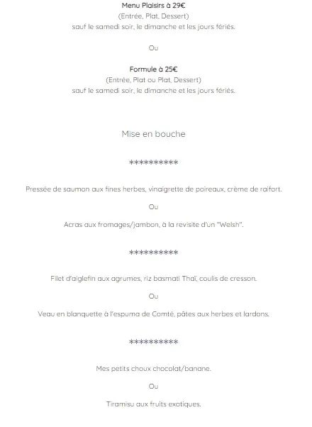 Le Grand Bleu Calais Menu Plaisirs & Prix