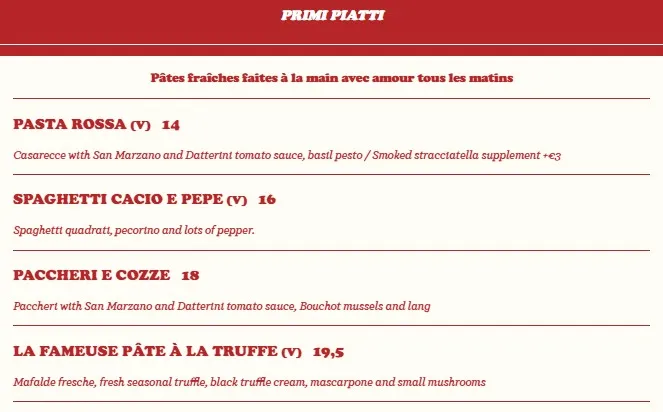 Palatino Menu Primi Piatti