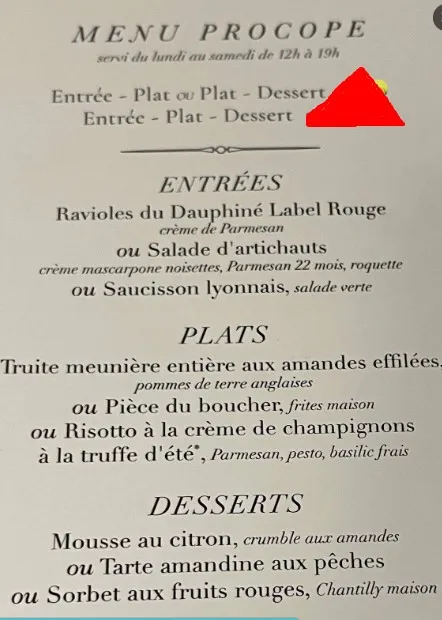 Menu Procope & Prix