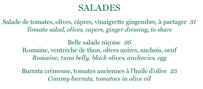 Perruche Restaurant Menu SALADES Prix