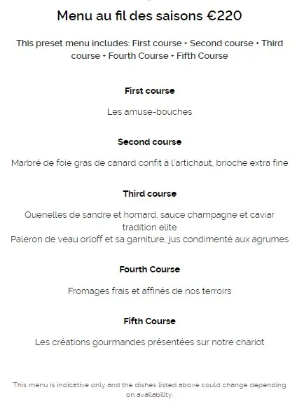 L’Auberge du Pont de Collonges Menu au fil des saisons Prix