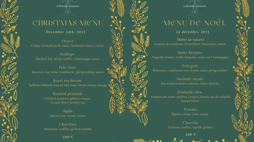 Le Pressoir d’Argent Menu de Noël – Prix 