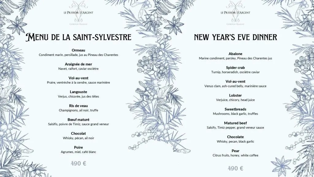 Le Pressoir d’Argent Menu de la saint-sylvestre – Prix