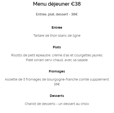 L’oiseau Du Temps Menu déjeuner