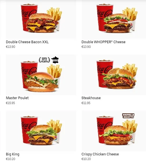 Carré Sénart Burger King MENUS CARTE 