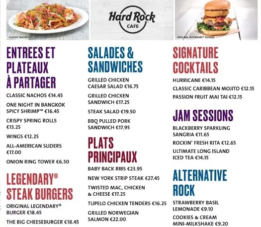 Hard Rock Notre sélection pour vous Menu