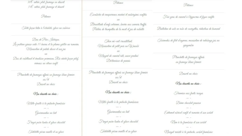 Auberge de Boisset Options du menu du week-end