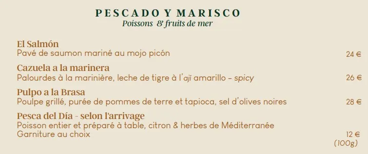 Andia Marseille PESCADO Y MARISCO Menu Tarif