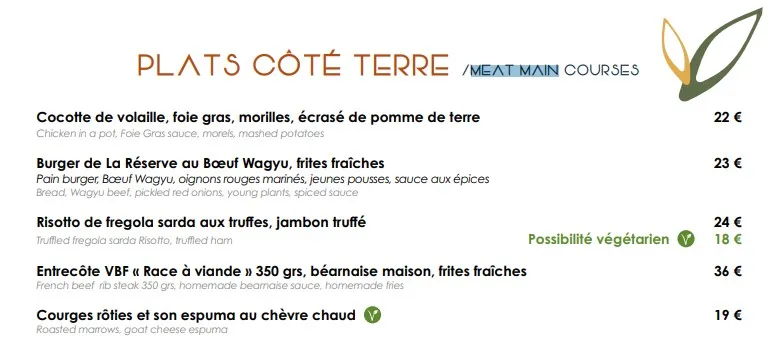 La Réserve Péché Iodé PLATS CÔTÉ TERRE /MEAT MAIN COURSES