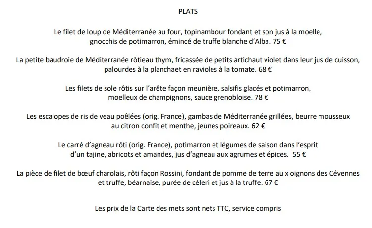 Le Jardin Des Sens PLATS Carte & Prix