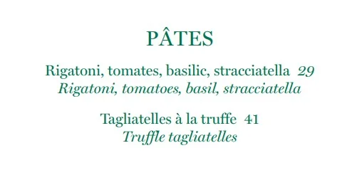 Perruche Restaurant PÂTES Menu