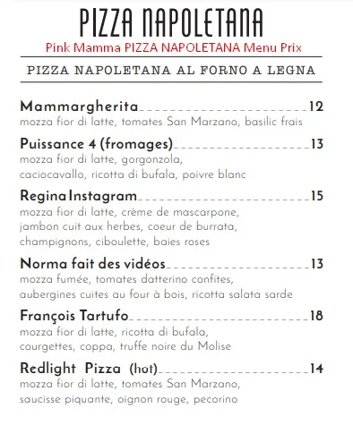 Pink Mamma PIZZA NAPOLETANA Menu Prix