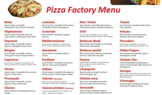 Pizza Factory Menu Prix