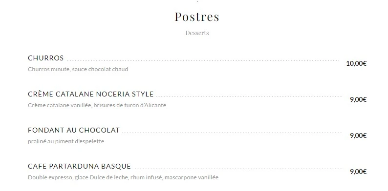 La Noceria Postres (Desserts) Menu Prix