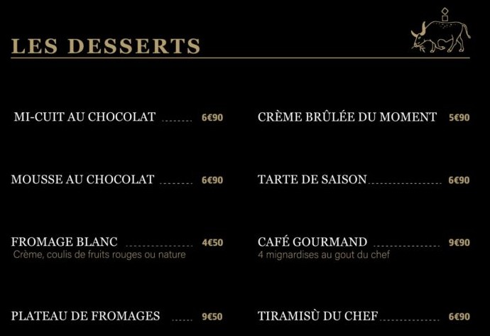 Salty Steakhouse Prix des Desserts