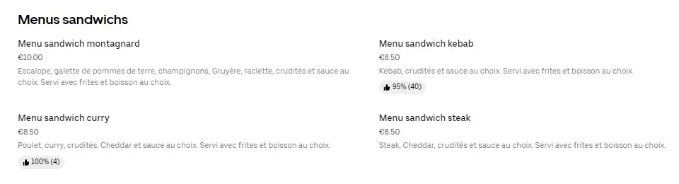 Raffine Tarif – Menu Sandwichs