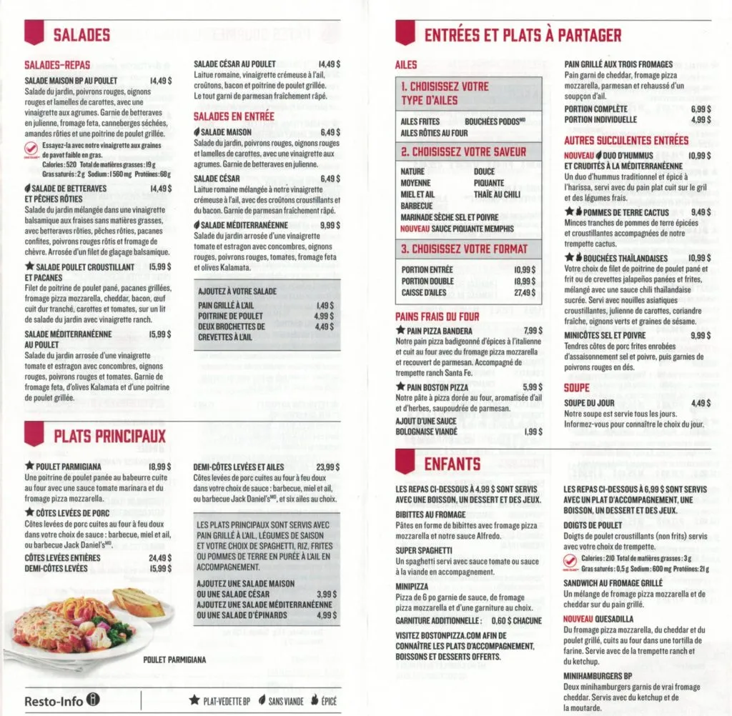 Boston Pizza Recommended Menu & Prix