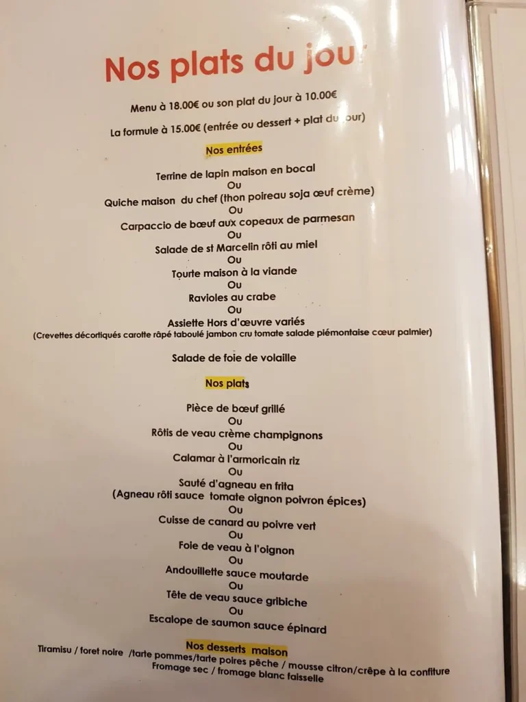 Restaurant Du Parc Menu Prix