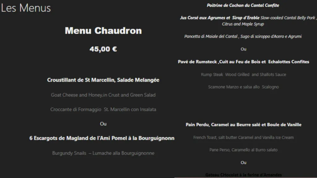 Restaurant Le Chaudron Menu Prix