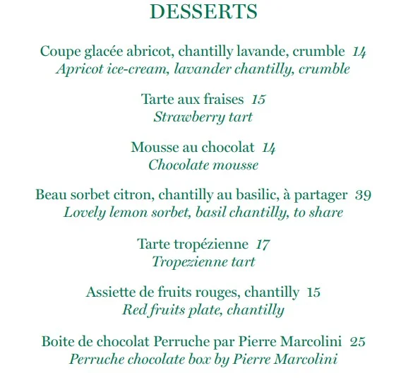 Restaurant Perruche DESSERTS Prix