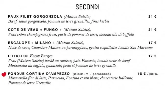 La Table Du Vatican SECONDI Menu Carte