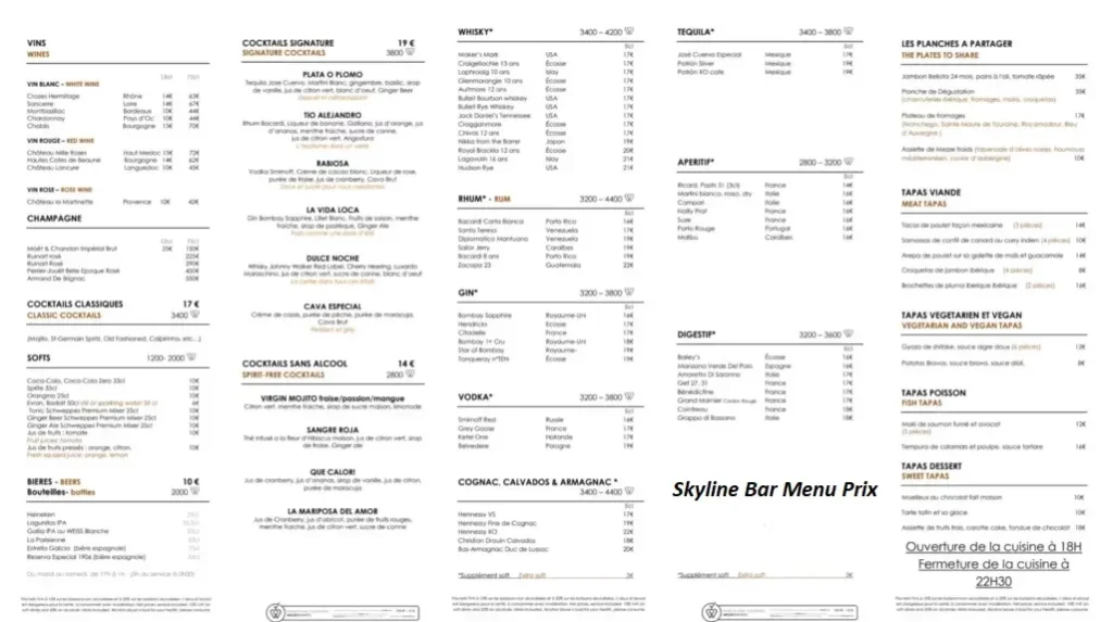 Skyline Bar Menu Prix