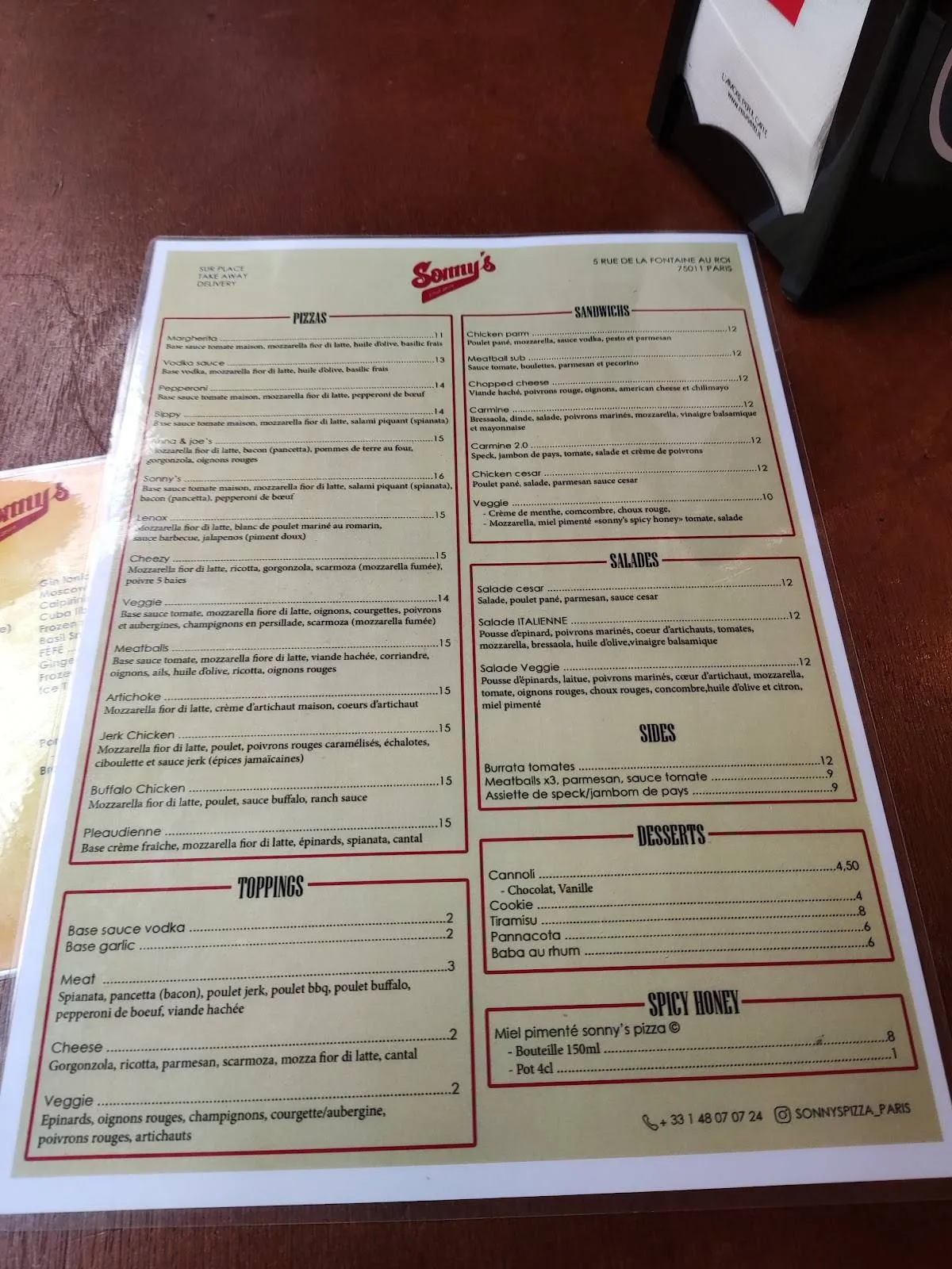 Sonny’s Pizza Menu prix