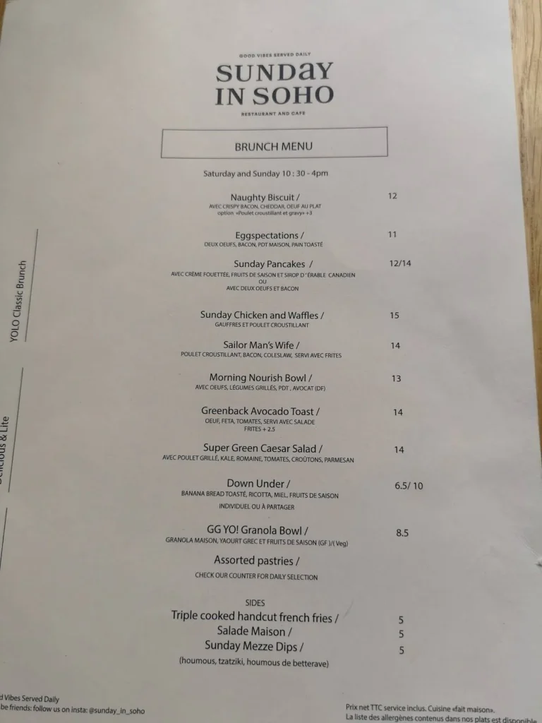 Sunday In Soho Menu Prix