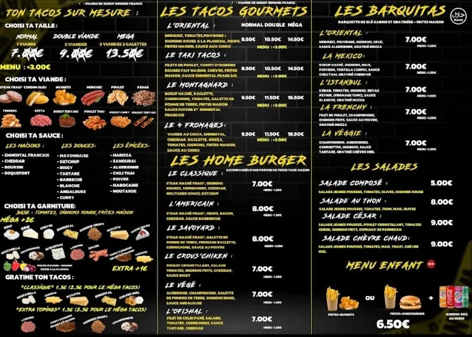 Taki Tacos Sur Mesure – Tacos Gourmets – Home Burgers – Barquitas – Salades – Menu Enfants