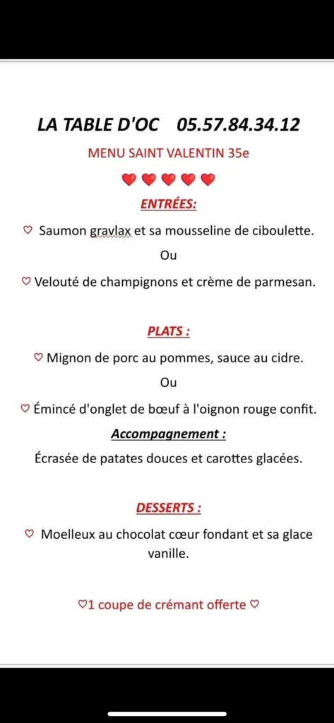 Table D’oc Menu Prix