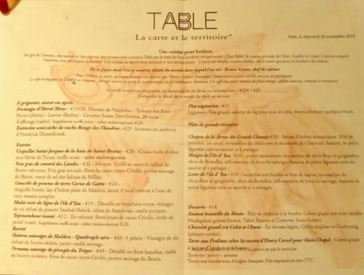 Table Paris Menu Prix