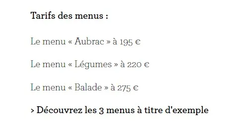 Maison Bras Laguiole Tarifs des menus