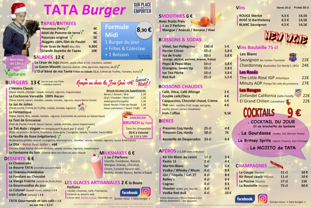 Tata Burger Menu Prix