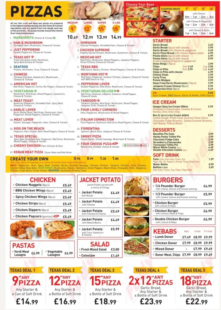 Texas Pizza Menu Prix