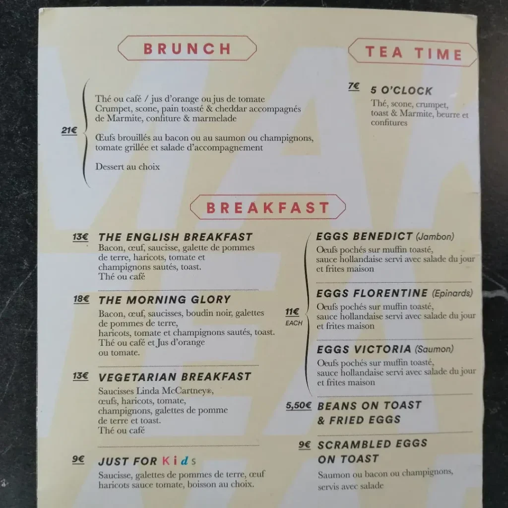 The Breakfast Club Bordeaux Menu Prix