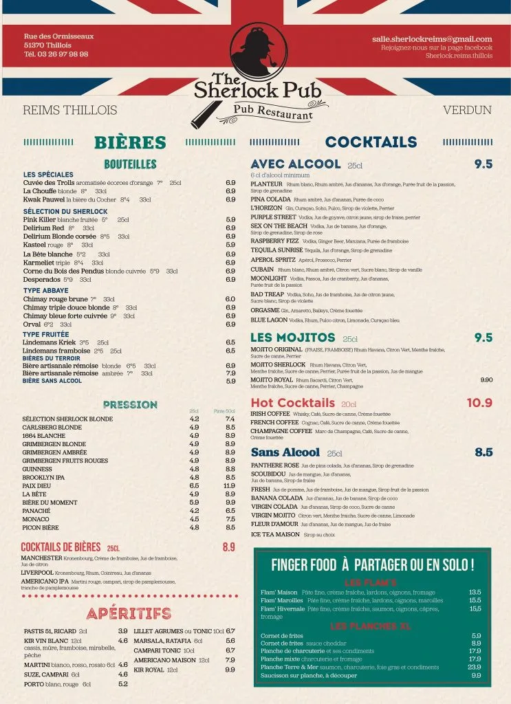 The Sherlock Pub – Restaurant Reims Thillois Menu Prix