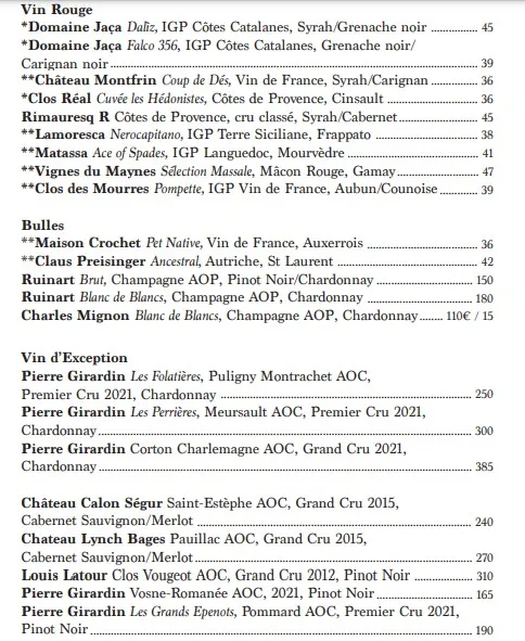 Tuba Club Vin Rouge (Red Wine) Menu Prix