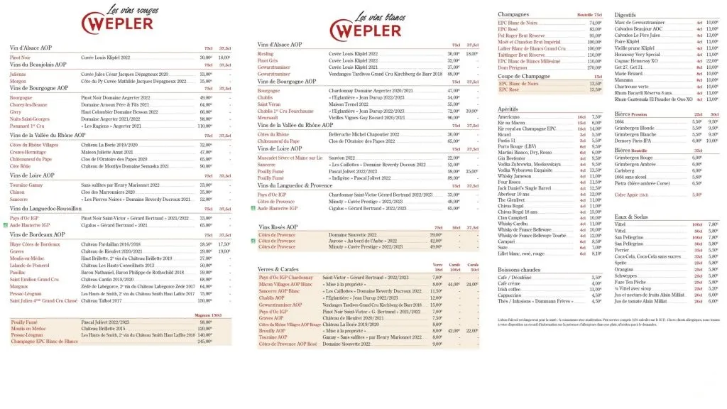 Le Wepler Vins Blancs & Rouges Menu Prix