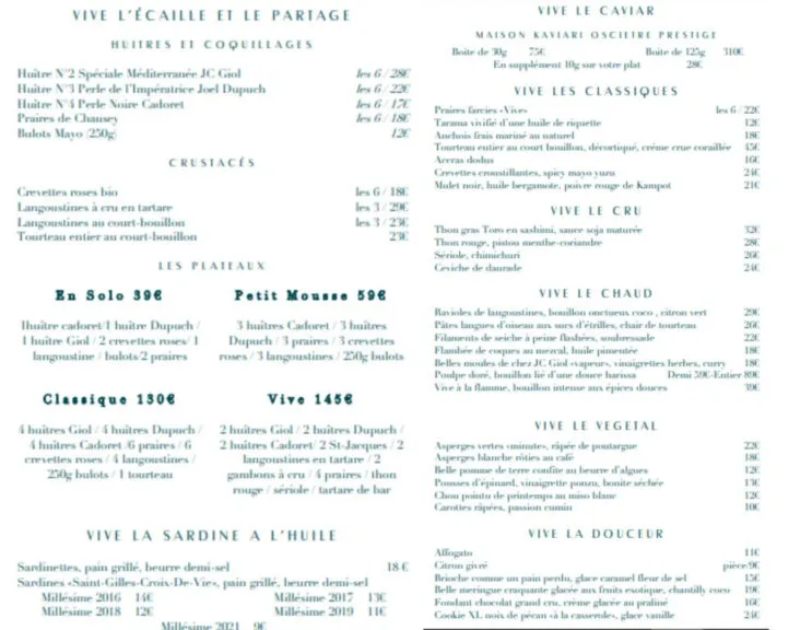 Vive HUITRES ET COQUILLAGES Menu