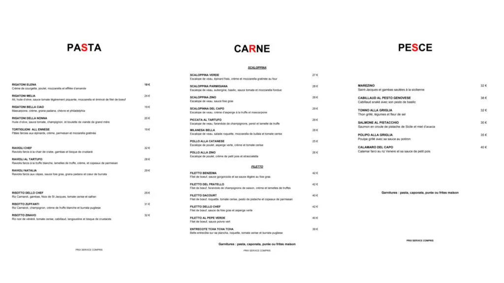 Zino Restaurant Carte