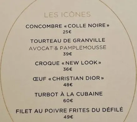 Dior Paris LES ICONES Menu Tarif 